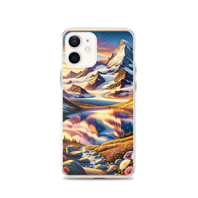 Quadratische Illustration der Alpen mit schneebedeckten Gipfeln und Wildblumen - iPhone Schutzhülle (durchsichtig) berge xxx yyy zzz iPhone 12