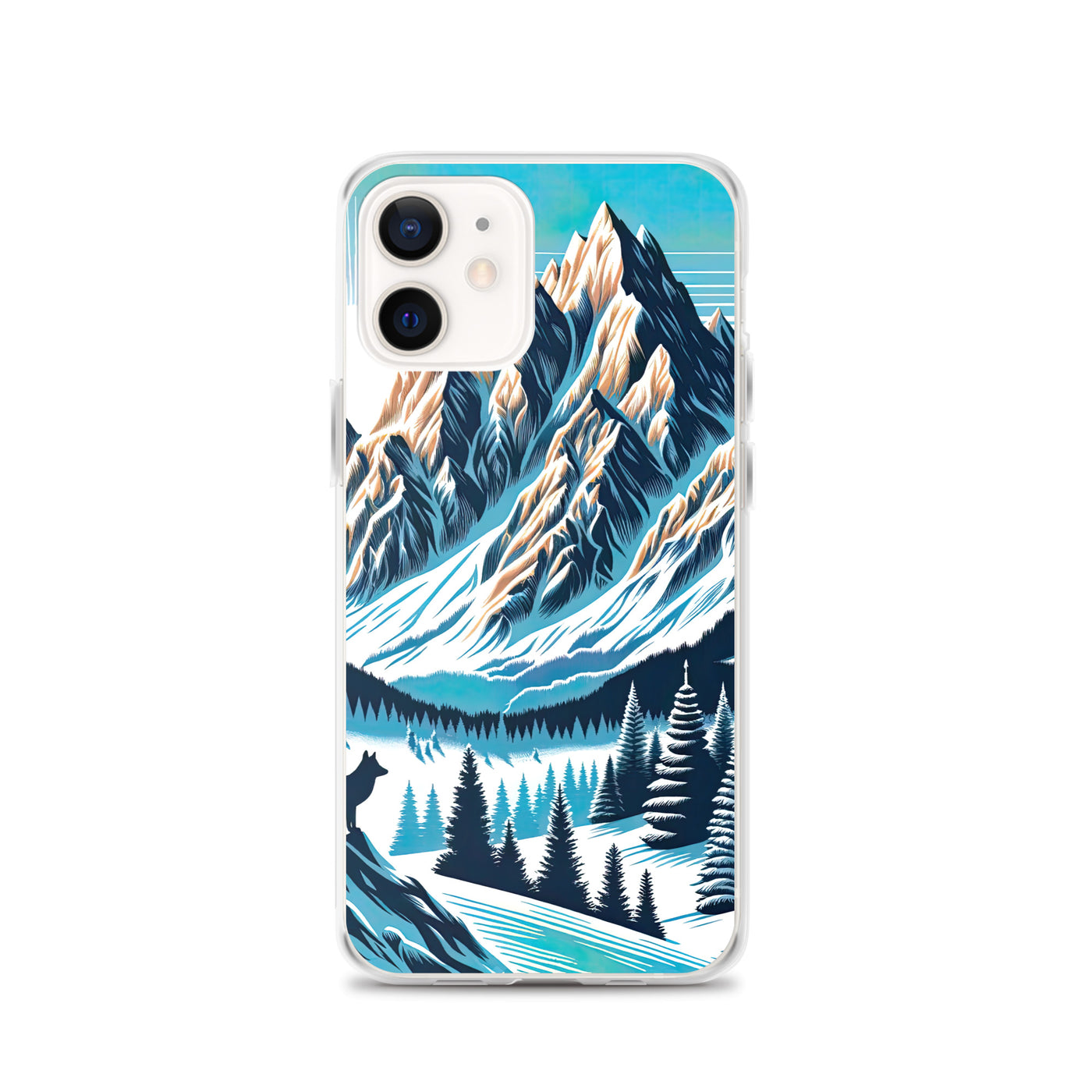 Vektorgrafik eines Wolfes im winterlichen Alpenmorgen, Berge mit Schnee- und Felsmustern - iPhone Schutzhülle (durchsichtig) berge xxx yyy zzz iPhone 12