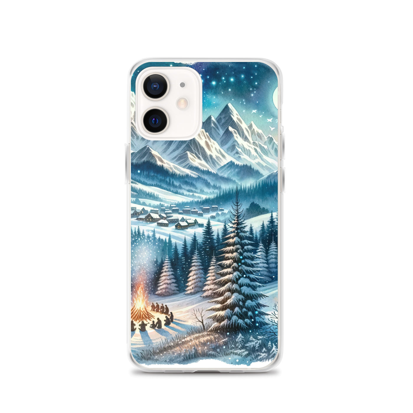 Aquarell eines Winterabends in den Alpen mit Lagerfeuer und Wanderern, glitzernder Neuschnee - iPhone Schutzhülle (durchsichtig) camping xxx yyy zzz iPhone 12