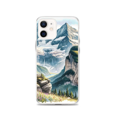 Aquarell-Panoramablick der Alpen mit schneebedeckten Gipfeln, Wasserfällen und Wanderern - iPhone Schutzhülle (durchsichtig) wandern xxx yyy zzz iPhone 12
