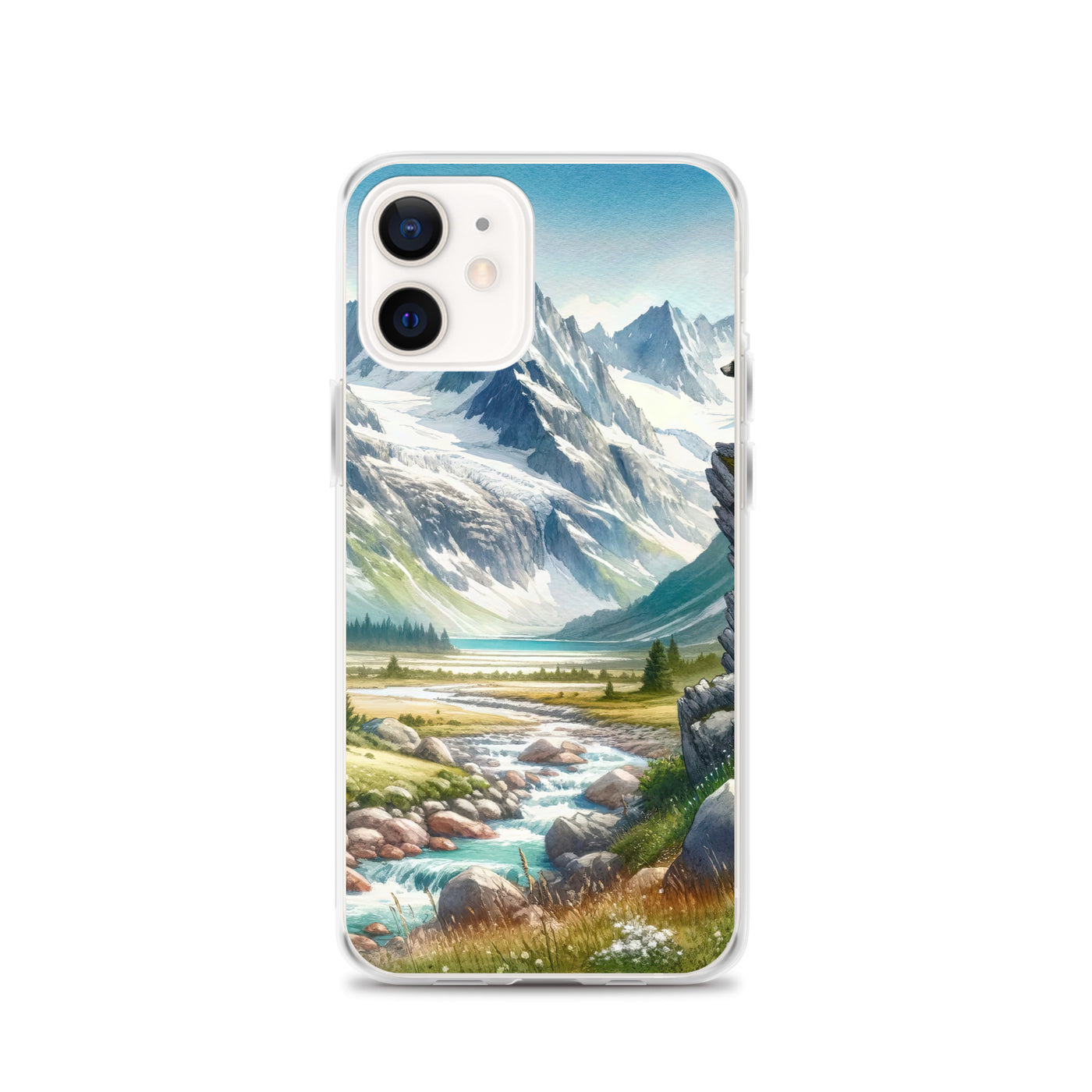 Aquarellmalerei eines Bären und der sommerlichen Alpenschönheit mit schneebedeckten Ketten - iPhone Schutzhülle (durchsichtig) camping xxx yyy zzz iPhone 12
