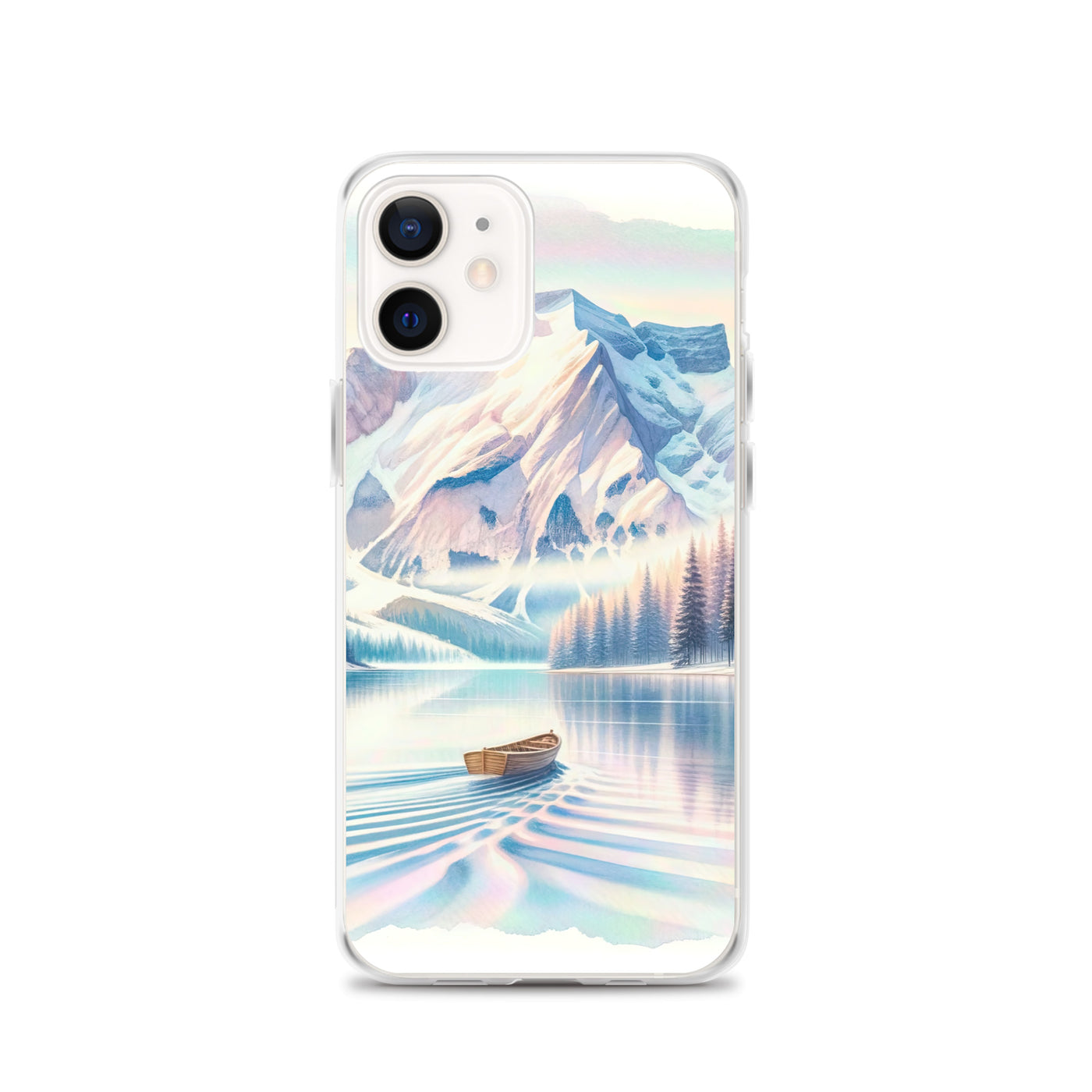 Aquarell eines klaren Alpenmorgens, Boot auf Bergsee in Pastelltönen - iPhone Schutzhülle (durchsichtig) berge xxx yyy zzz iPhone 12