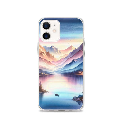 Aquarell einer Dämmerung in den Alpen, Boot auf einem See in Pastell-Licht - iPhone Schutzhülle (durchsichtig) berge xxx yyy zzz iPhone 12
