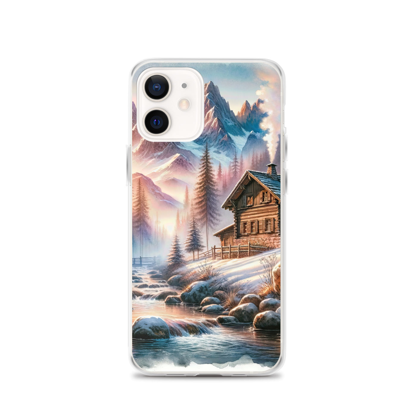 Aquarell einer Alpenszene im Morgengrauen, Haus in den Bergen - iPhone Schutzhülle (durchsichtig) berge xxx yyy zzz iPhone 12