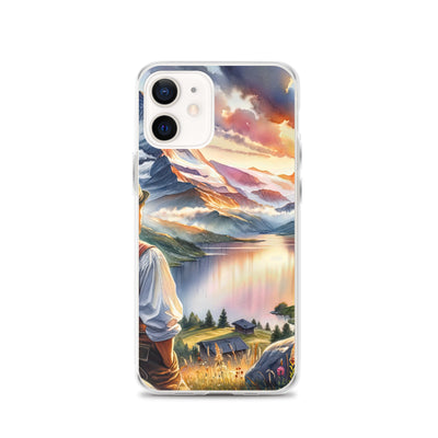 Aquarell einer Berglandschaft in der goldenen Stunde mit österreichischem Wanderer - iPhone Schutzhülle (durchsichtig) wandern xxx yyy zzz iPhone 12
