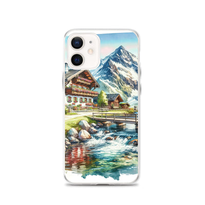 Aquarell der frühlingshaften Alpenkette mit österreichischer Flagge und schmelzendem Schnee - iPhone Schutzhülle (durchsichtig) berge xxx yyy zzz iPhone 12