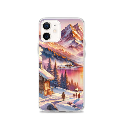 Aquarell eines Alpenpanoramas mit Wanderern bei Sonnenuntergang in Rosa und Gold - iPhone Schutzhülle (durchsichtig) wandern xxx yyy zzz iPhone 12