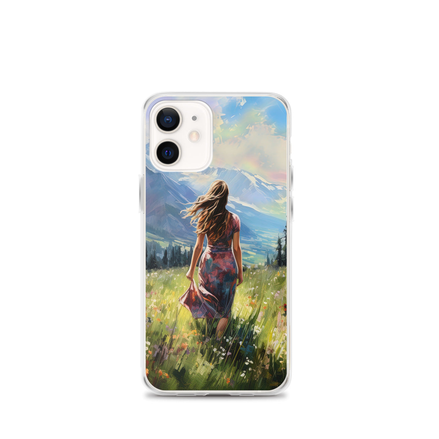 Frau mit langen Kleid im Feld mit Blumen - Berge im Hintergrund - Malerei - iPhone Schutzhülle (durchsichtig) berge xxx iPhone 12 mini