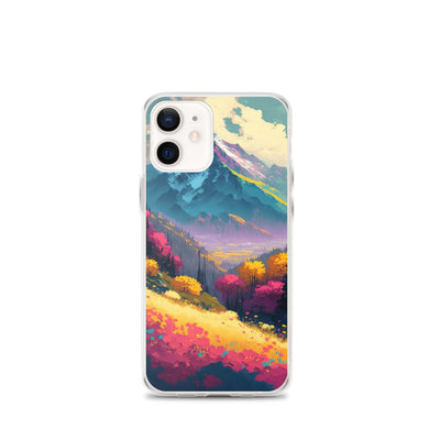 Berge, pinke und gelbe Bäume, sowie Blumen - Farbige Malerei - iPhone Schutzhülle (durchsichtig) berge xxx iPhone 12 mini