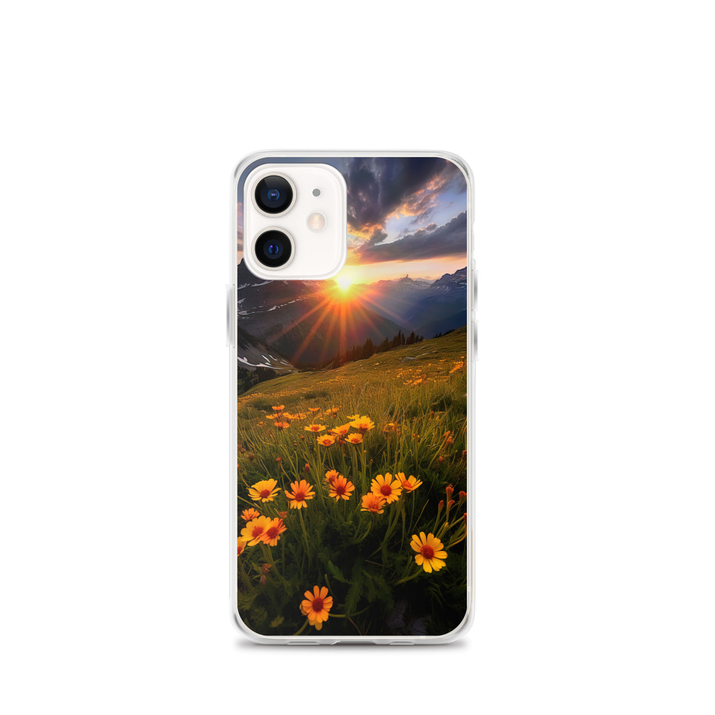 Gebirge, Sonnenblumen und Sonnenaufgang - iPhone Schutzhülle (durchsichtig) berge xxx iPhone 12 mini