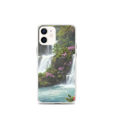 Wasserfall im Wald und Blumen - Schöne Malerei - iPhone Schutzhülle (durchsichtig) camping xxx iPhone 12 mini