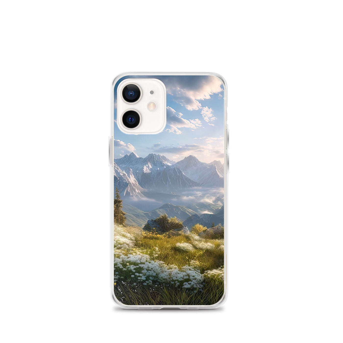 Berglandschaft mit Sonnenschein, Blumen und Bäumen - Malerei - iPhone Schutzhülle (durchsichtig) berge xxx iPhone 12 mini