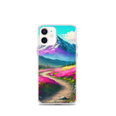 Berg, pinke Blumen und Wanderweg - Landschaftsmalerei - iPhone Schutzhülle (durchsichtig) berge xxx iPhone 12 mini