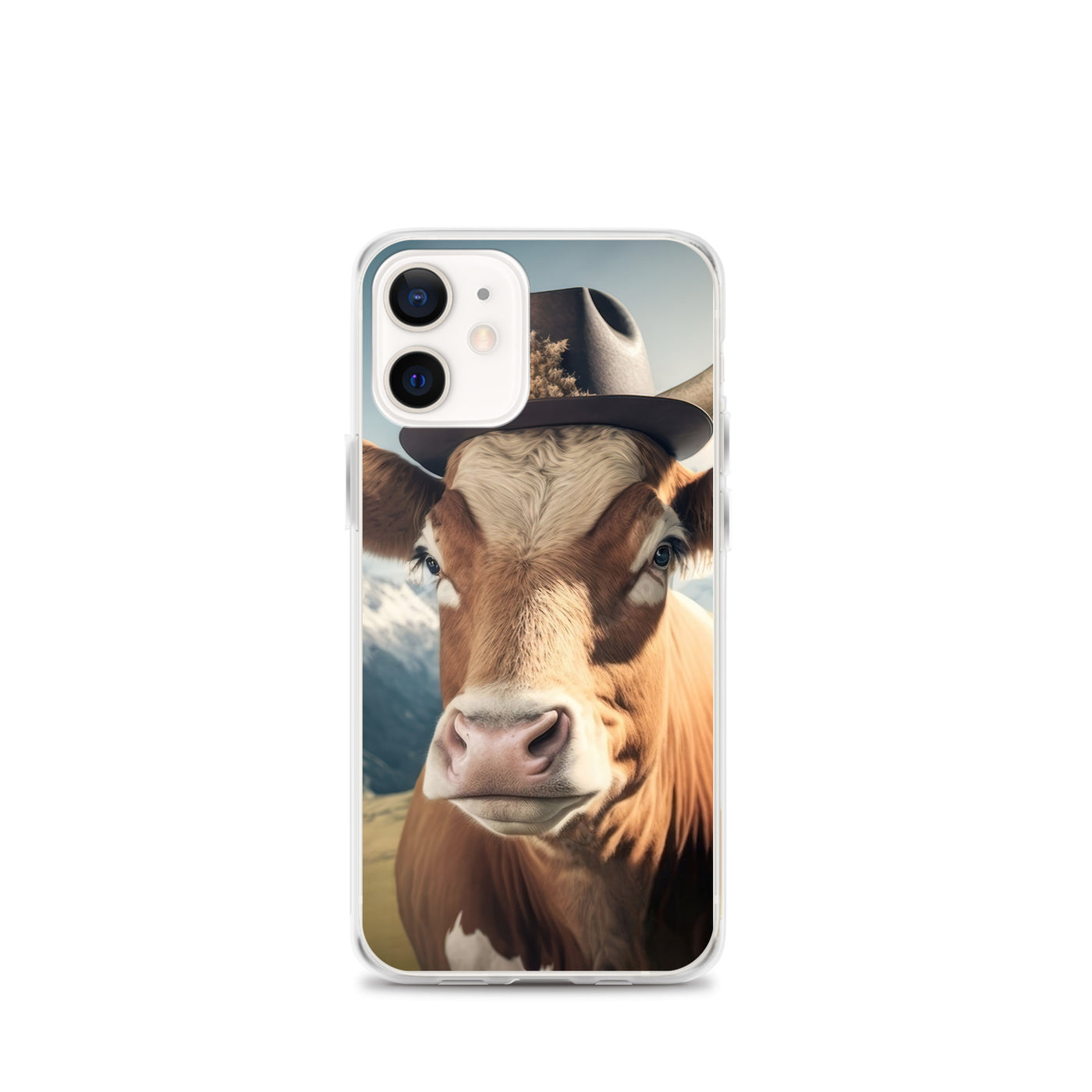 Kuh mit Hut in den Alpen - Berge im Hintergrund - Landschaftsmalerei - iPhone Schutzhülle (durchsichtig) berge xxx iPhone 12 mini