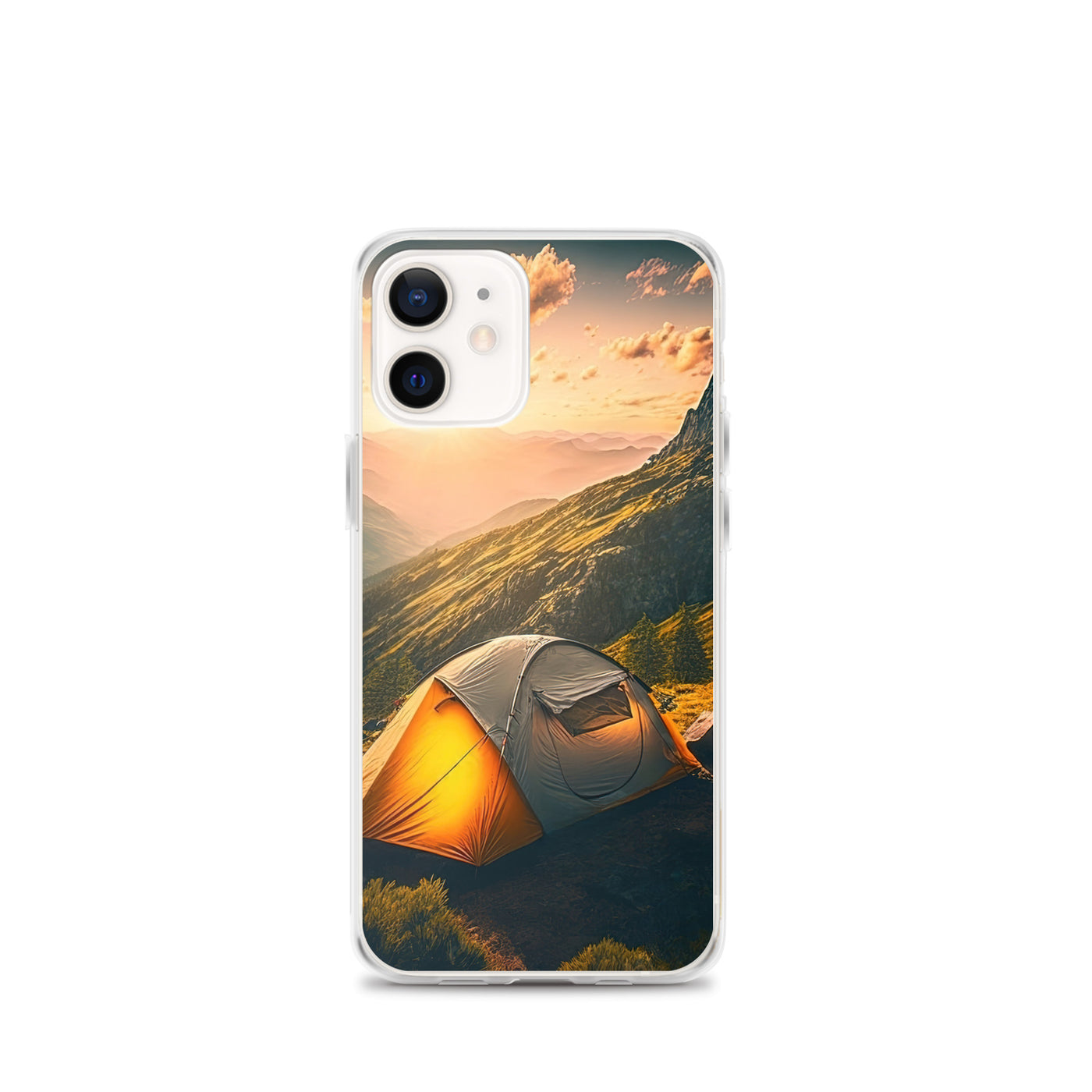Zelt auf Berg im Sonnenaufgang - Landschafts - iPhone Schutzhülle (durchsichtig) camping xxx iPhone 12 mini