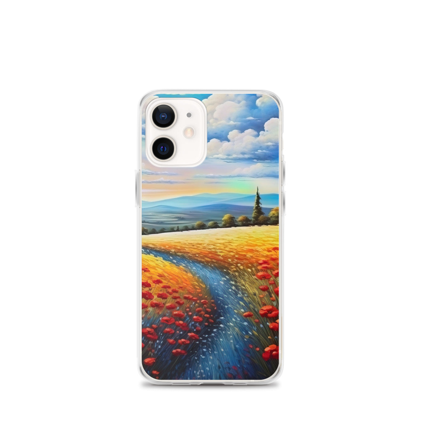 Feld mit roten Blumen und Berglandschaft - Landschaftsmalerei - iPhone Schutzhülle (durchsichtig) berge xxx iPhone 12 mini