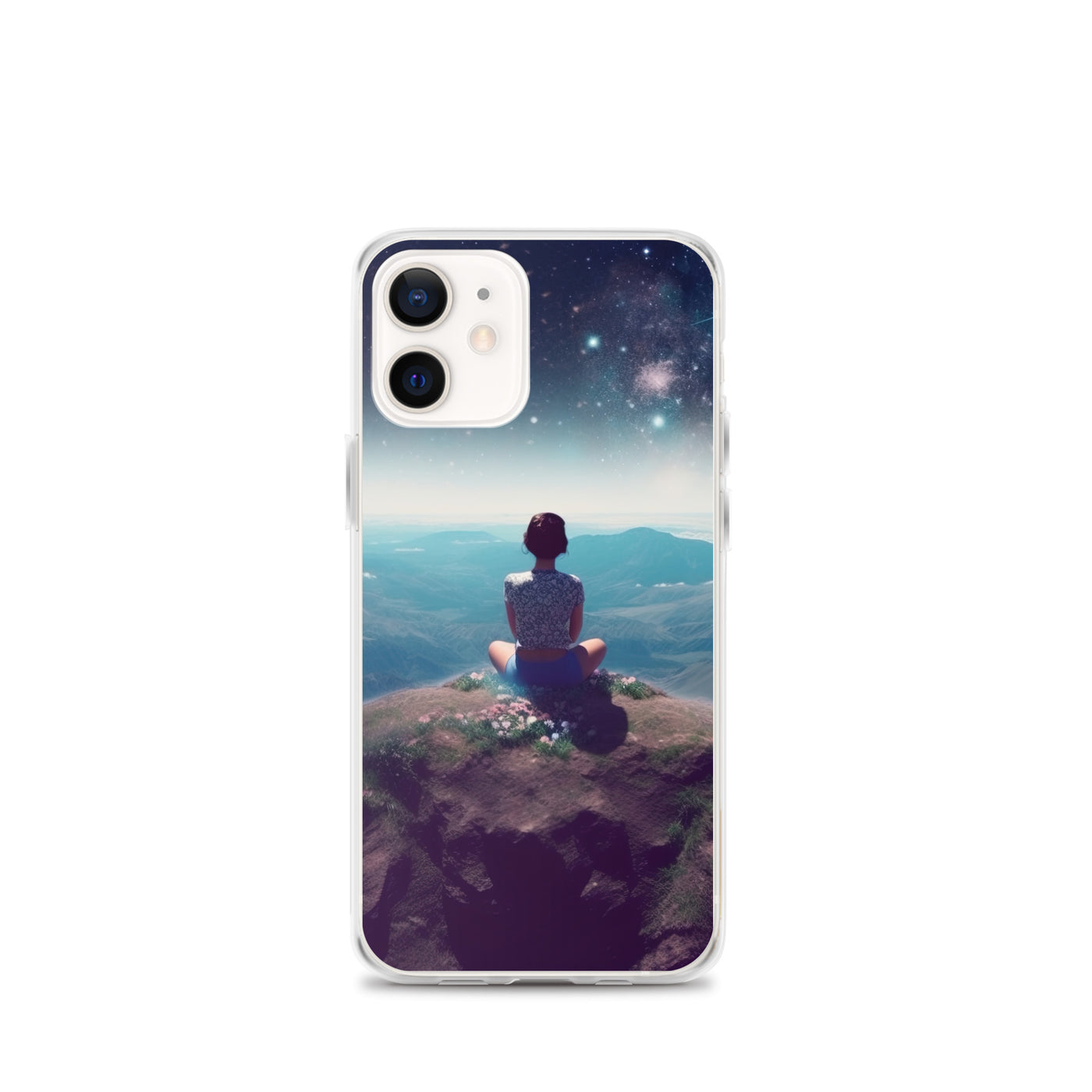 Frau sitzt auf Berg – Cosmos und Sterne im Hintergrund - Landschaftsmalerei - iPhone Schutzhülle (durchsichtig) berge xxx iPhone 12 mini