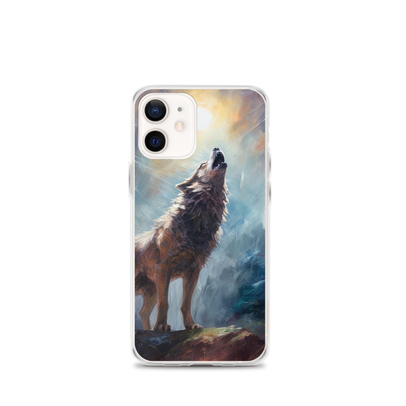 Heulender Wolf auf Berggipfel und Mond im Hintergrund – Abstrakte Malerei - iPhone Schutzhülle (durchsichtig) camping xxx iPhone 12 mini