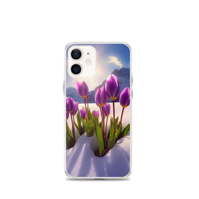 Tulpen im Schnee und in den Bergen - Blumen im Winter - iPhone Schutzhülle (durchsichtig) berge xxx iPhone 12 mini