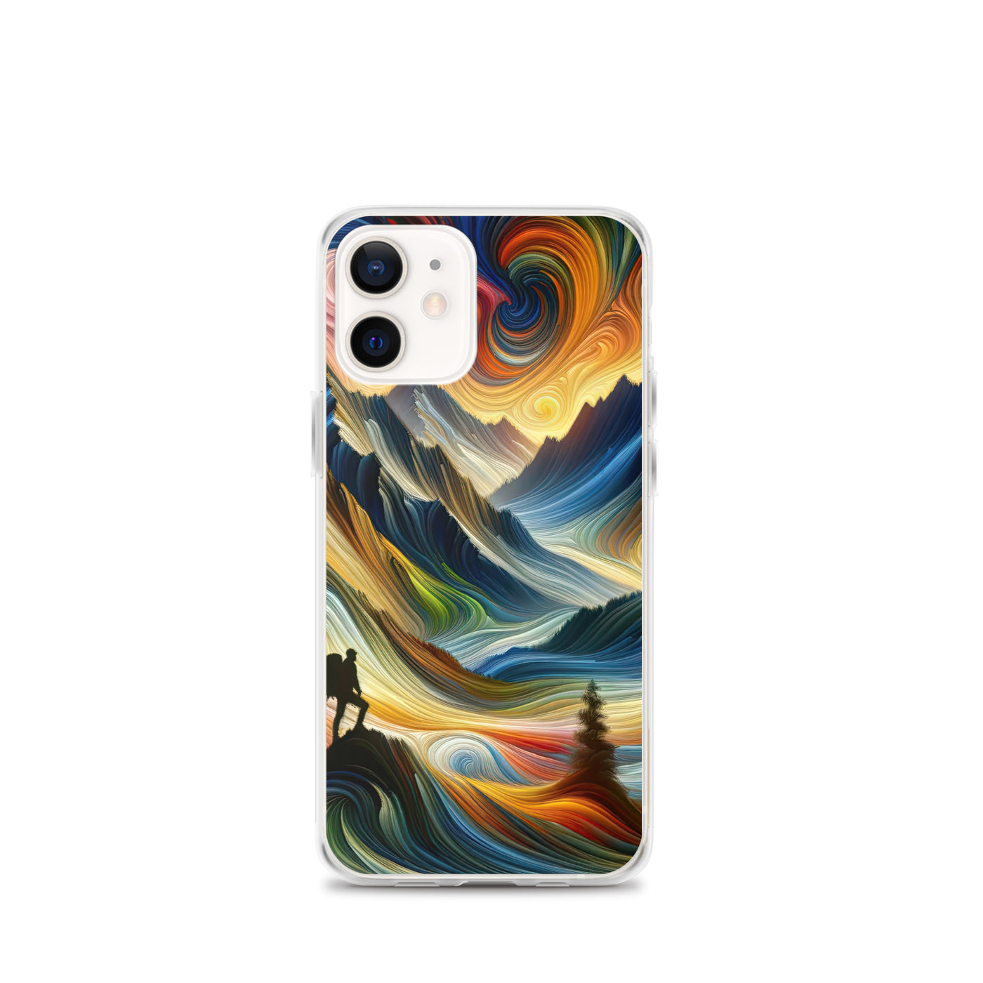 Abstraktes Kunstgemälde der Alpen mit wirbelnden, lebendigen Farben und dynamischen Mustern. Wanderer Silhouette - iPhone Schutzhülle (durchsichtig) wandern xxx yyy zzz iPhone 12 mini
