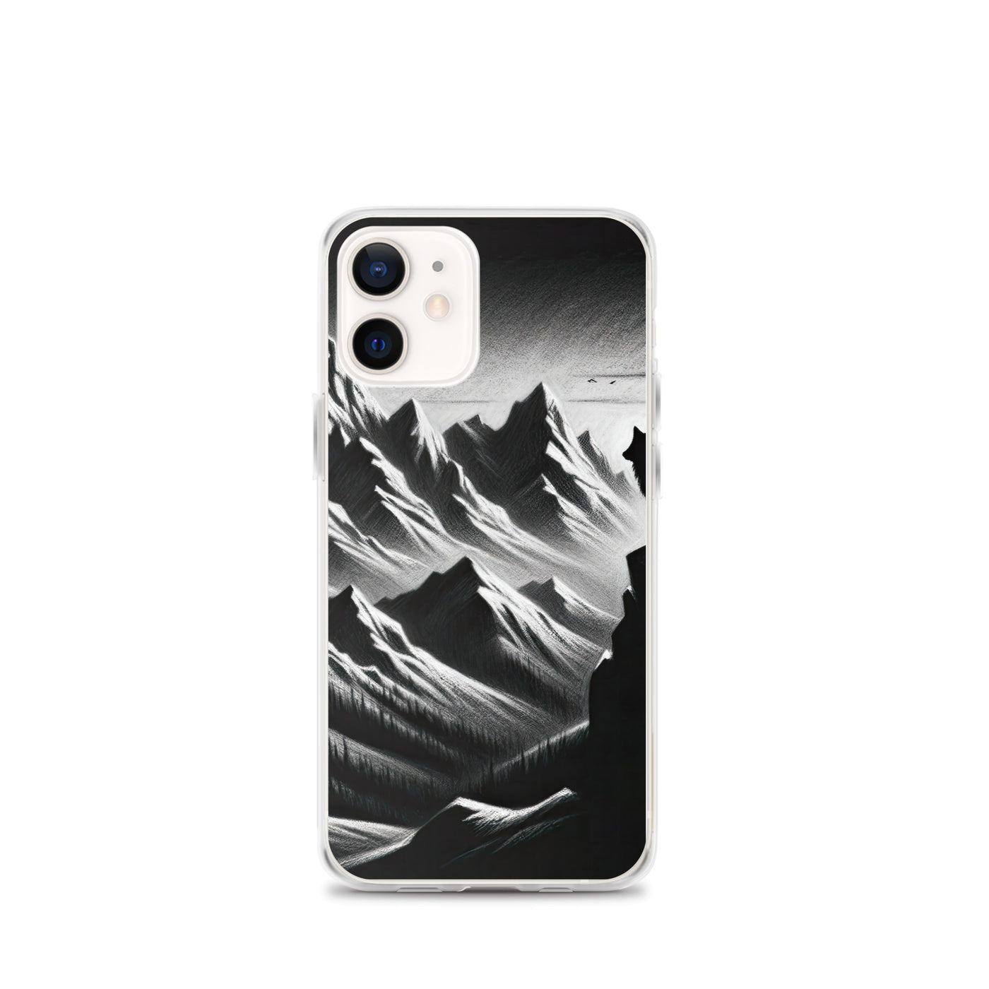 Kohlezeichnung, die die stille Stille der Alpen in der Winterdämmerung verkörpert. Wolf auf einem Berghügel (AN) - iPhone Schutzhülle (durchsichtig) xxx yyy zzz iPhone 12 mini