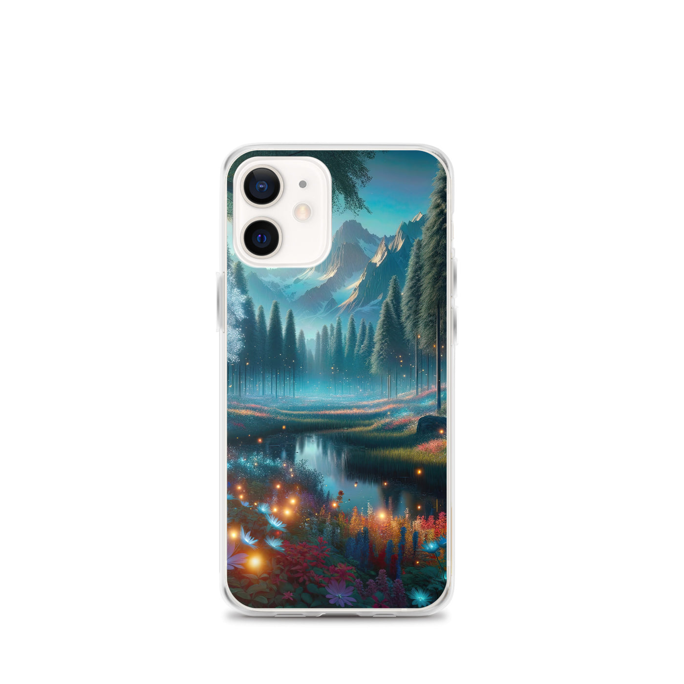 Ätherischer Alpenwald: Digitale Darstellung mit leuchtenden Bäumen und Blumen - iPhone Schutzhülle (durchsichtig) camping xxx yyy zzz iPhone 12 mini