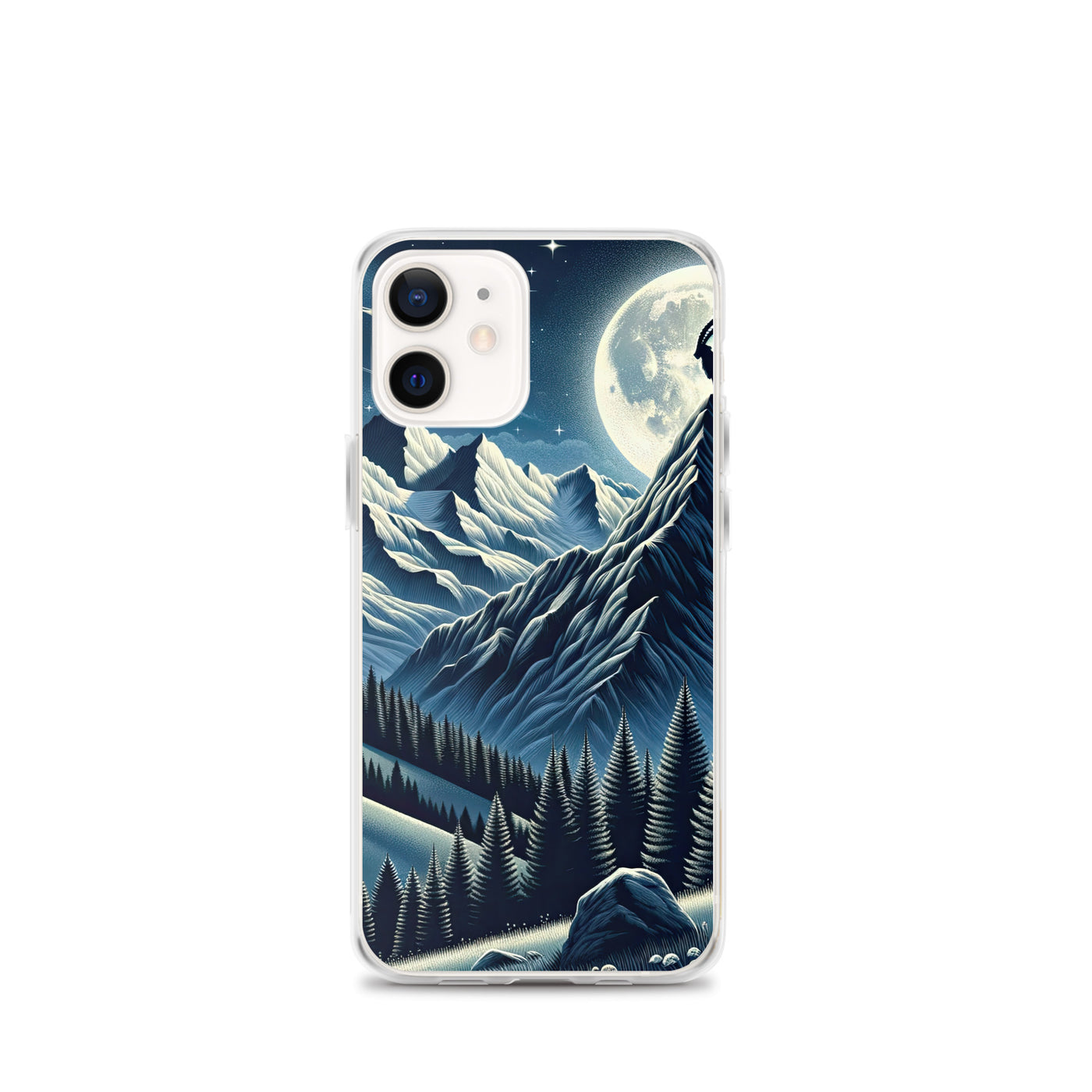 Steinbock in Alpennacht, silberne Berge und Sternenhimmel - iPhone Schutzhülle (durchsichtig) berge xxx yyy zzz iPhone 12 mini
