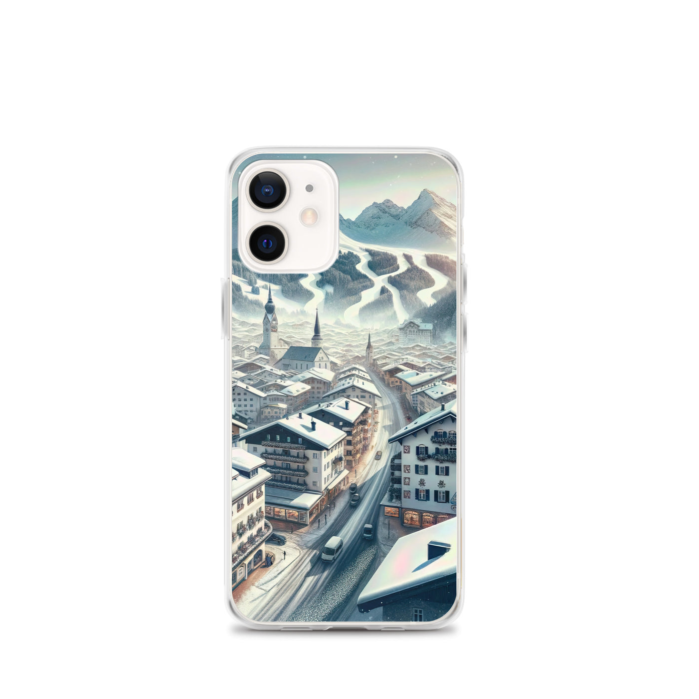 Winter in Kitzbühel: Digitale Malerei von schneebedeckten Dächern - iPhone Schutzhülle (durchsichtig) berge xxx yyy zzz iPhone 12 mini