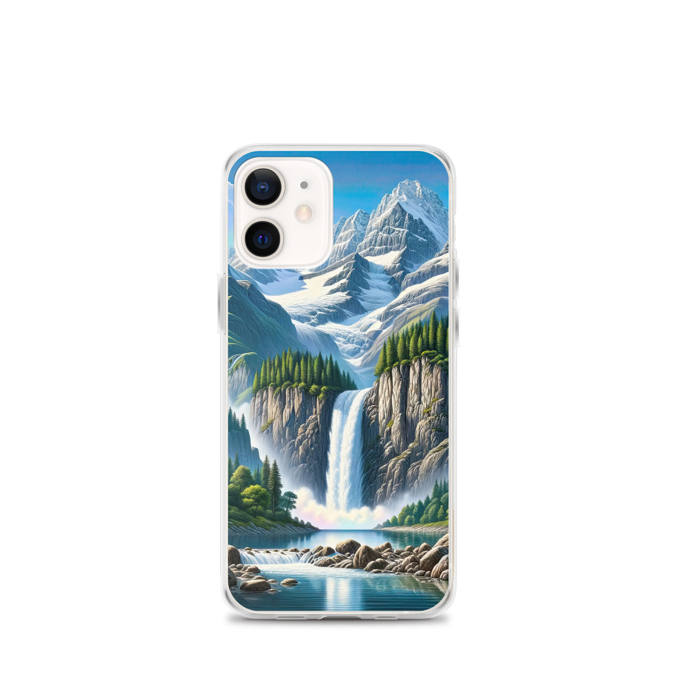 Illustration einer unberührten Alpenkulisse im Hochsommer. Wasserfall und See - iPhone Schutzhülle (durchsichtig) berge xxx yyy zzz iPhone 12 mini