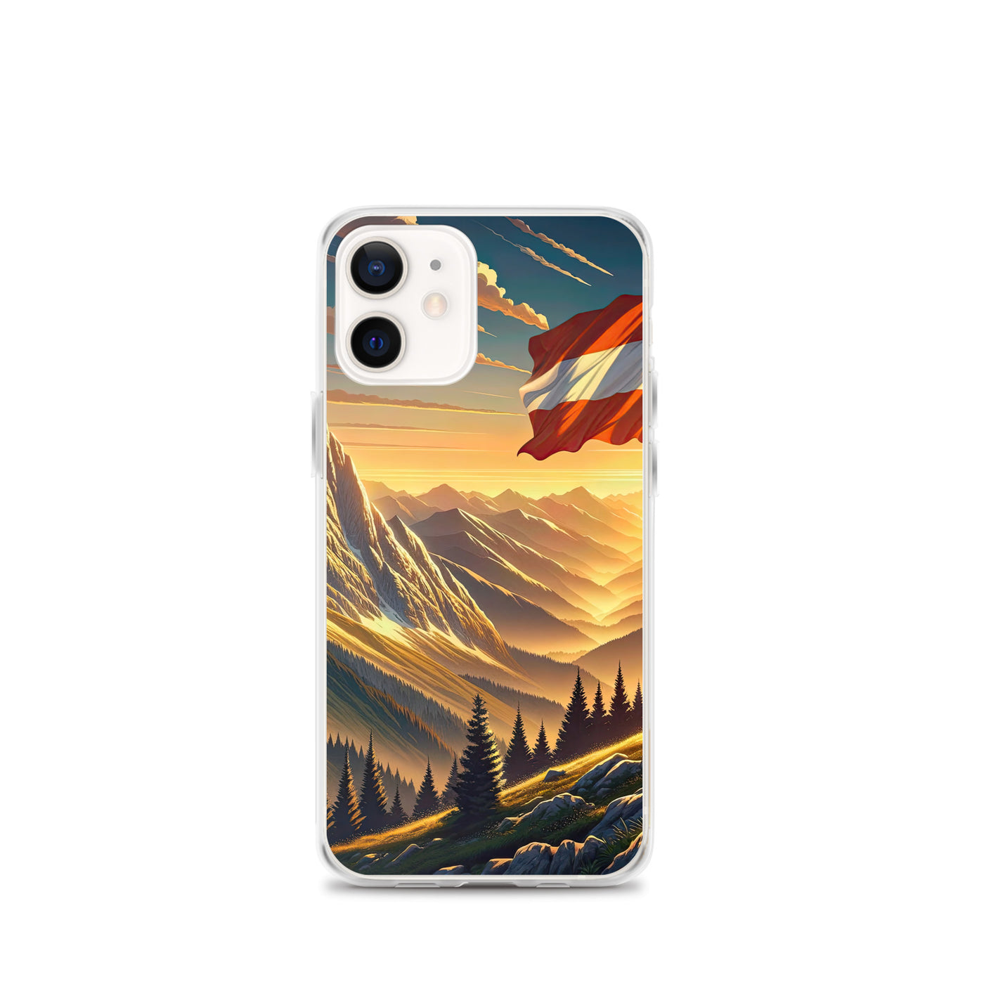 Ruhiger Alpenabend mit österreichischer Flagge und goldenem Sonnenuntergang - iPhone Schutzhülle (durchsichtig) berge xxx yyy zzz iPhone 12 mini