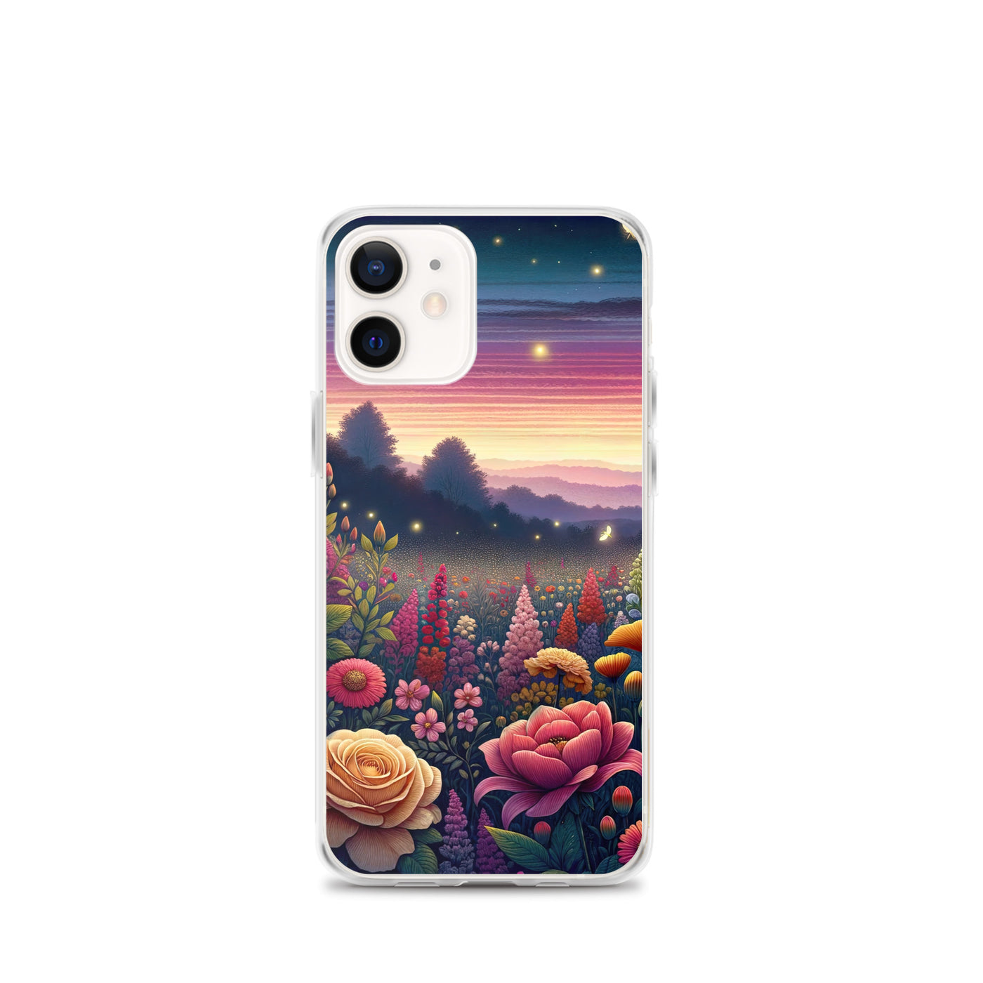 Skurriles Blumenfeld in Dämmerung, farbenfrohe Rosen, Lilien, Ringelblumen - iPhone Schutzhülle (durchsichtig) camping xxx yyy zzz iPhone 12 mini