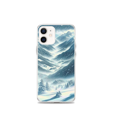 Alpine Wildnis im Wintersturm mit Skifahrer, verschneite Landschaft - iPhone Schutzhülle (durchsichtig) klettern ski xxx yyy zzz iPhone 12 mini