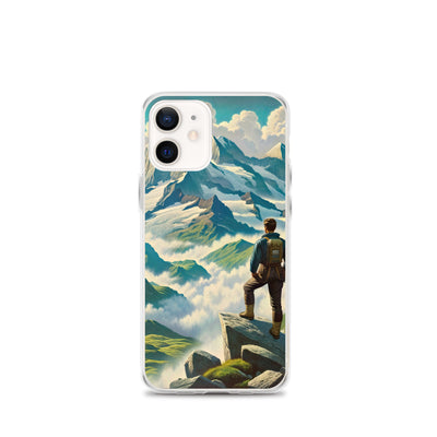 Panoramablick der Alpen mit Wanderer auf einem Hügel und schroffen Gipfeln - iPhone Schutzhülle (durchsichtig) wandern xxx yyy zzz iPhone 12 mini