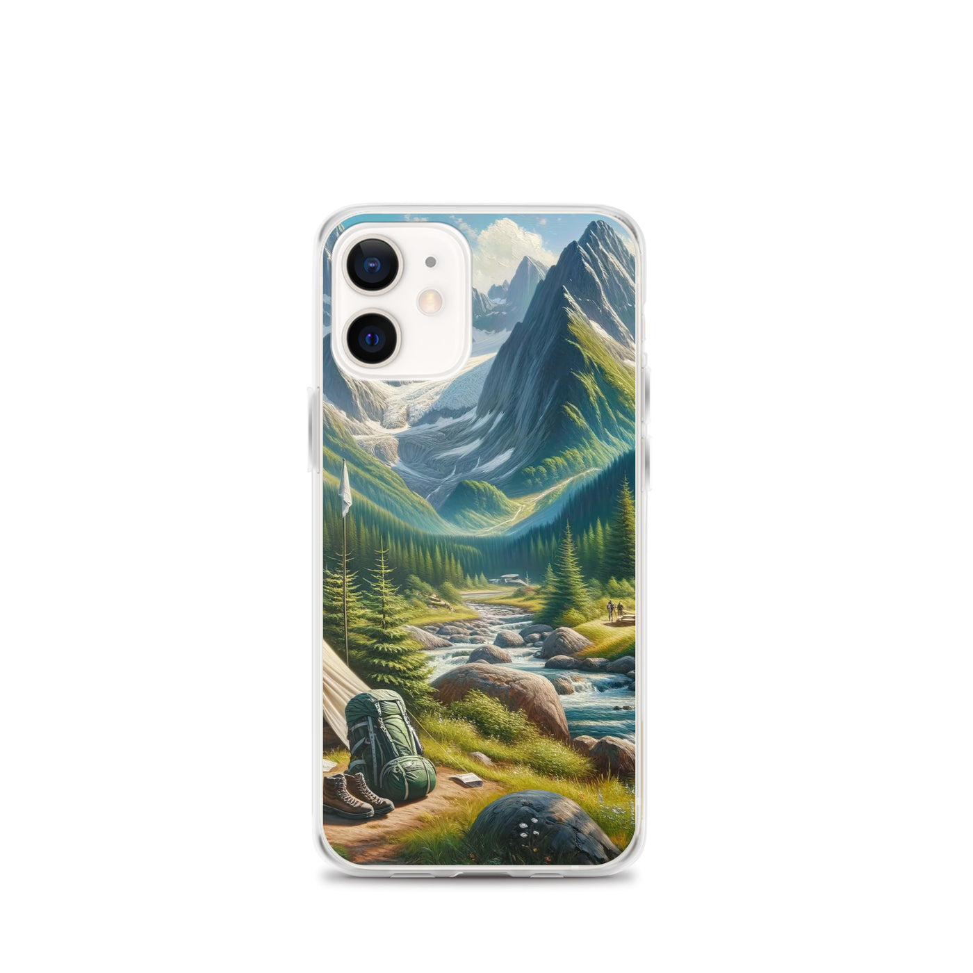 Ölgemälde der Alpensommerlandschaft mit Zelt, Gipfeln, Wäldern und Bächen - iPhone Schutzhülle (durchsichtig) camping xxx yyy zzz iPhone 12 mini