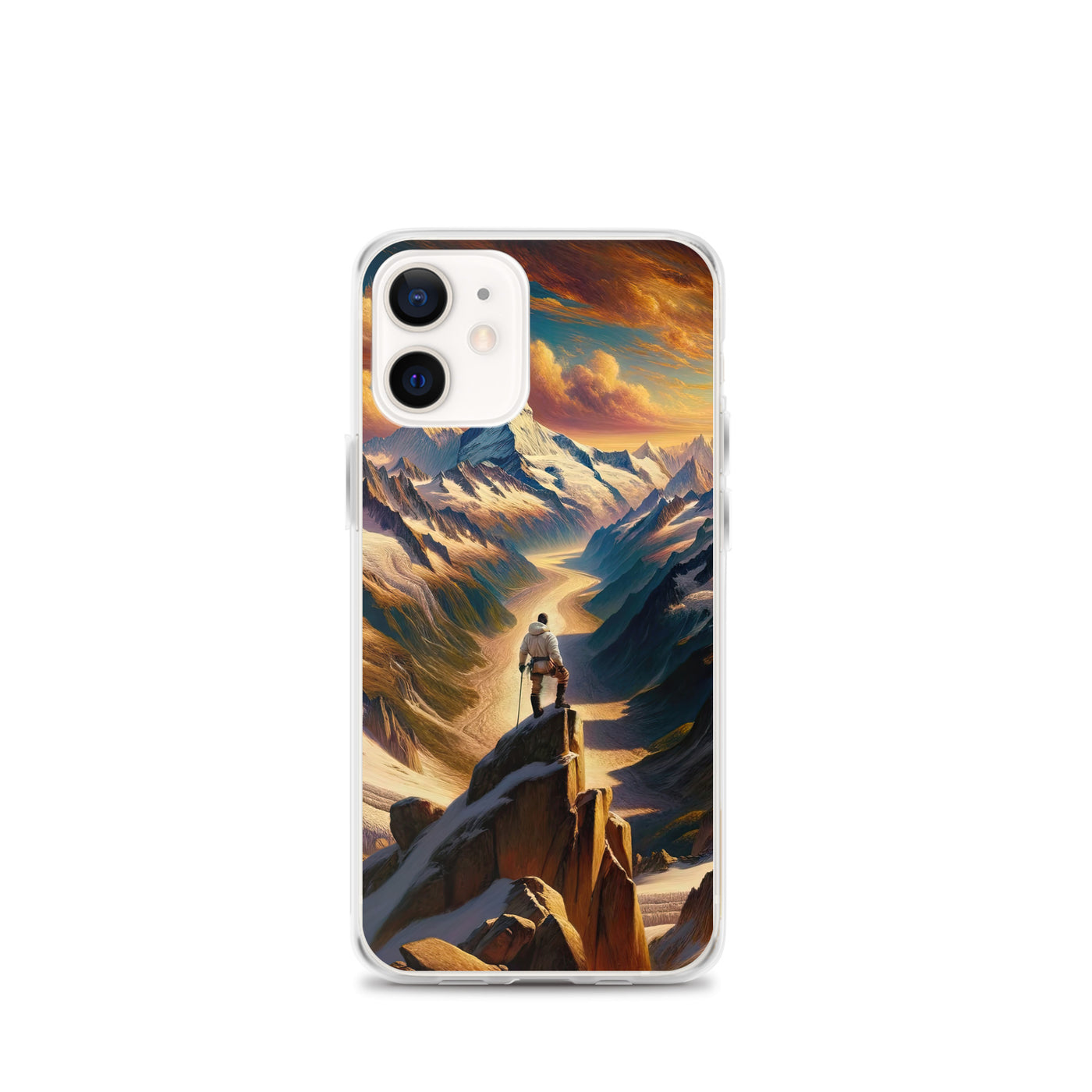 Ölgemälde eines Wanderers auf einem Hügel mit Panoramablick auf schneebedeckte Alpen und goldenen Himmel - iPhone Schutzhülle (durchsichtig) wandern xxx yyy zzz iPhone 12 mini