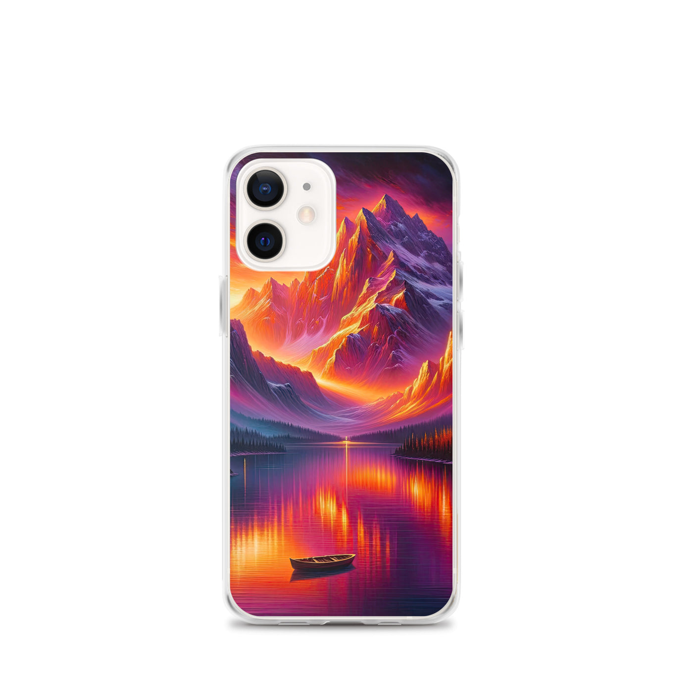 Ölgemälde eines Bootes auf einem Bergsee bei Sonnenuntergang, lebendige Orange-Lila Töne - iPhone Schutzhülle (durchsichtig) berge xxx yyy zzz iPhone 12 mini