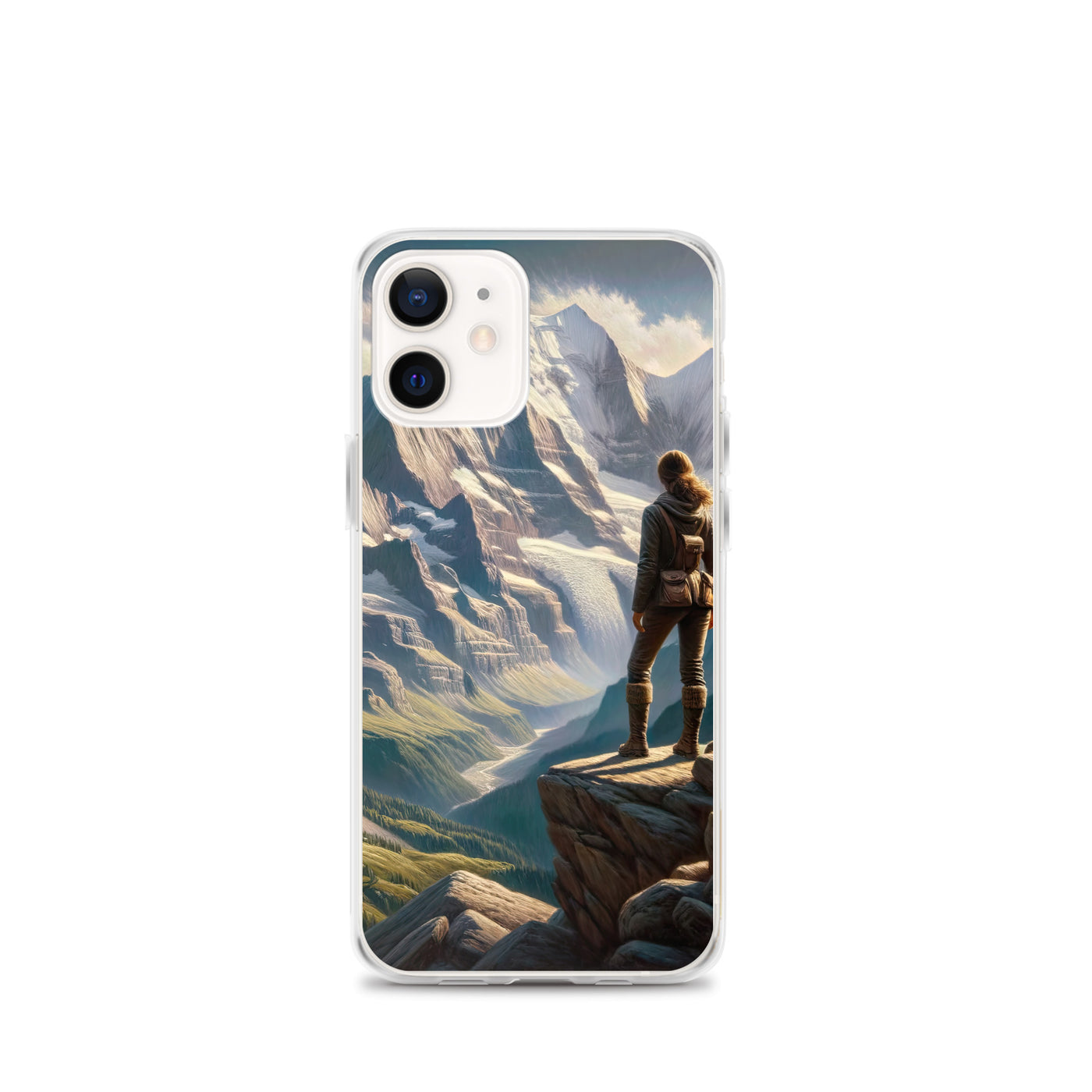Ölgemälde der Alpengipfel mit Schweizer Abenteurerin auf Felsvorsprung - iPhone Schutzhülle (durchsichtig) wandern xxx yyy zzz iPhone 12 mini