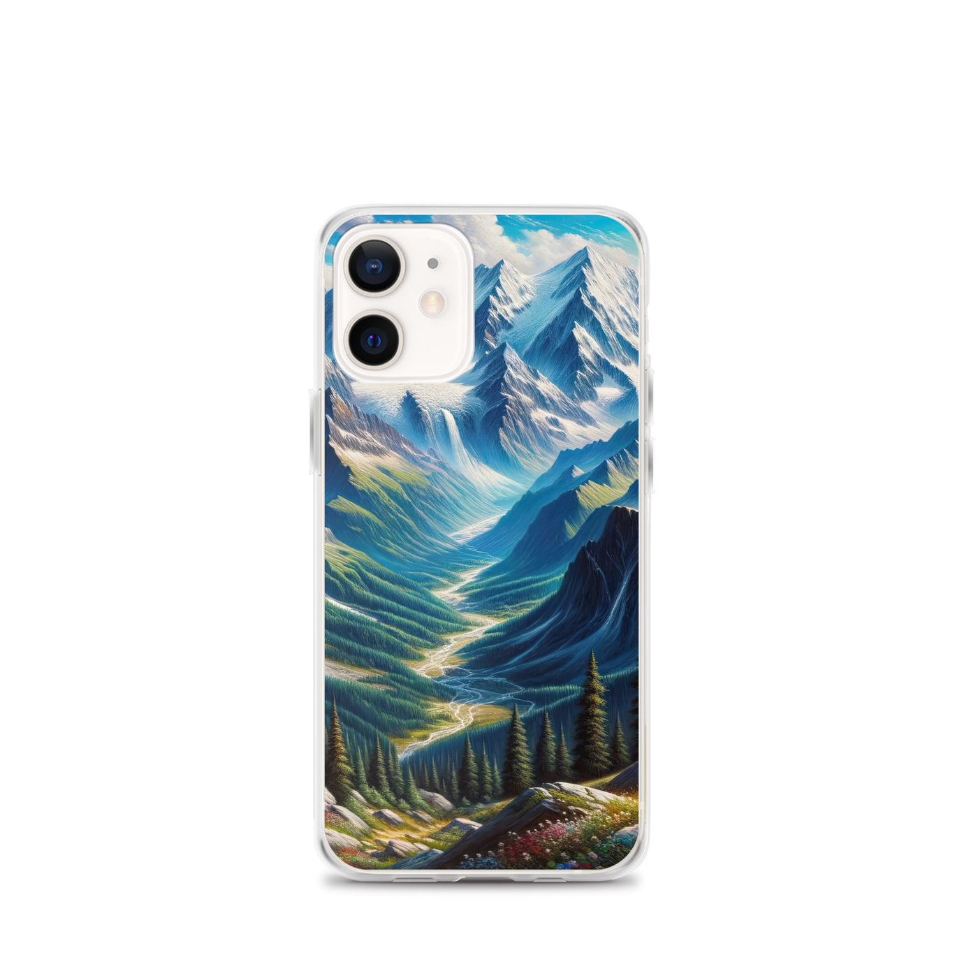Panorama-Ölgemälde der Alpen mit schneebedeckten Gipfeln und schlängelnden Flusstälern - iPhone Schutzhülle (durchsichtig) berge xxx yyy zzz iPhone 12 mini