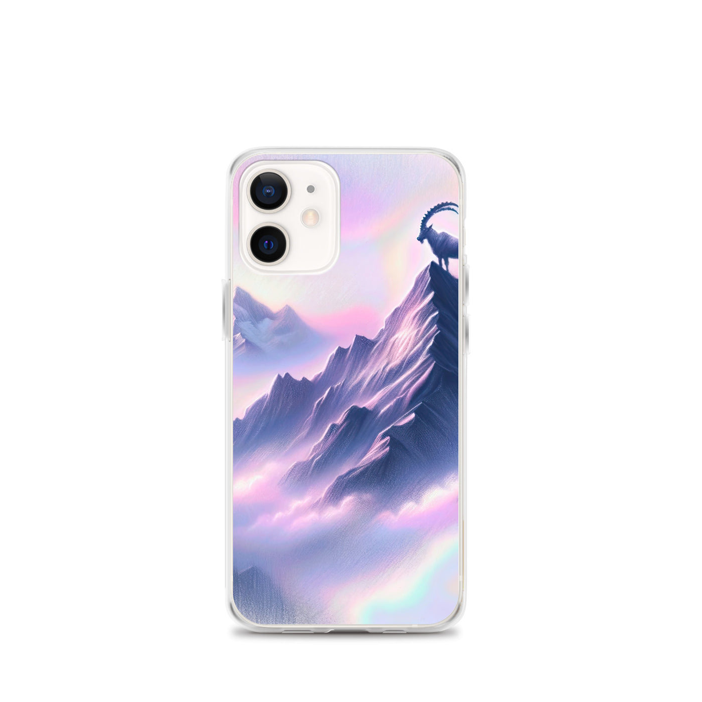 Pastellzeichnung der Alpen im Morgengrauen mit Steinbock in Rosa- und Lavendeltönen - iPhone Schutzhülle (durchsichtig) berge xxx yyy zzz iPhone 12 mini