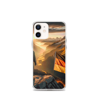 Foto der Alpen bei Sonnenuntergang mit deutscher Flagge und Wanderer, goldenes Licht auf Schneegipfeln - iPhone Schutzhülle (durchsichtig) berge xxx yyy zzz iPhone 12 mini