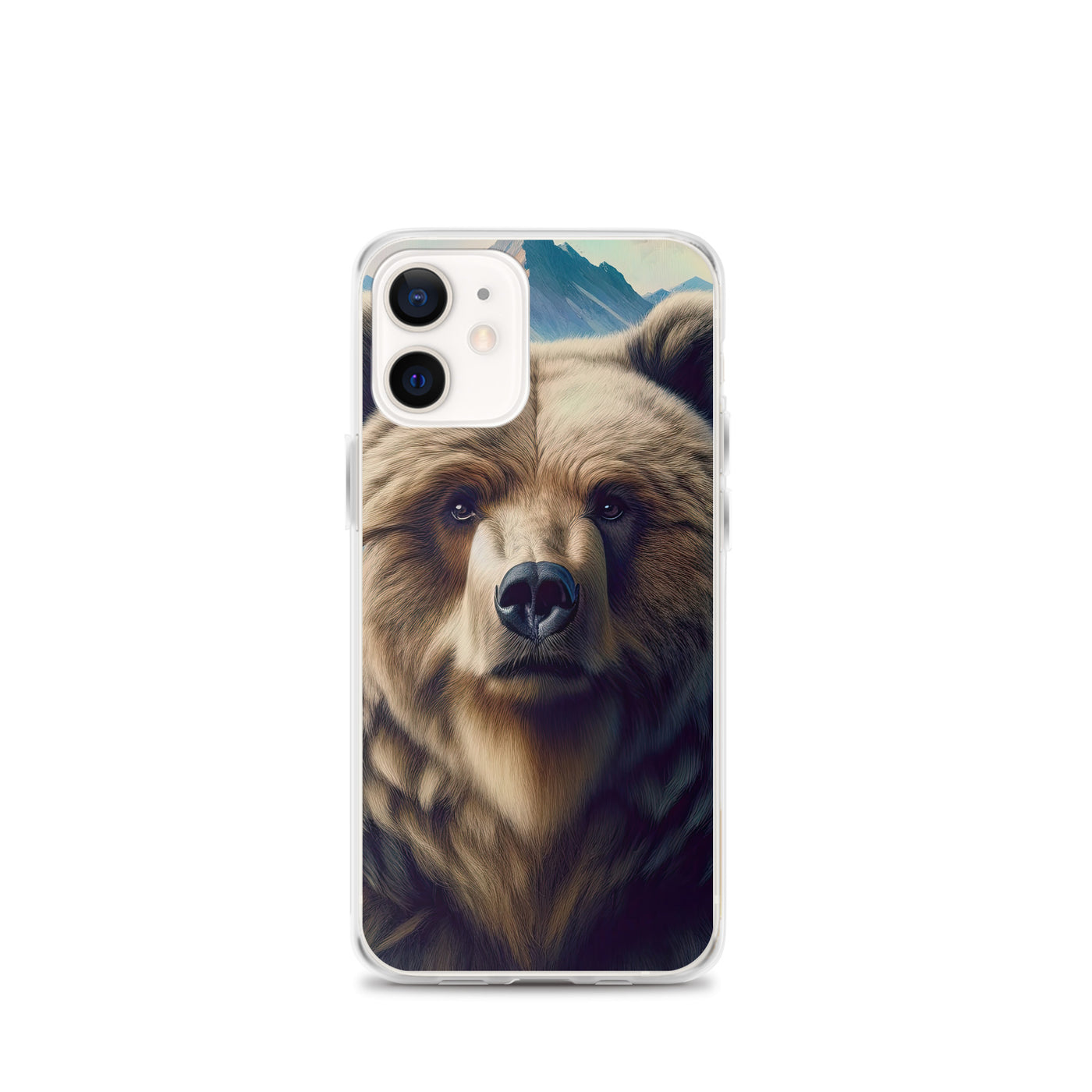Foto eines Bären vor abstrakt gemalten Alpenbergen, Oberkörper im Fokus - iPhone Schutzhülle (durchsichtig) camping xxx yyy zzz iPhone 12 mini
