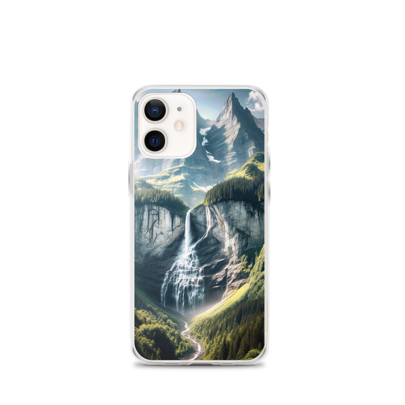 Foto der sommerlichen Alpen mit üppigen Gipfeln und Wasserfall - iPhone Schutzhülle (durchsichtig) berge xxx yyy zzz iPhone 12 mini