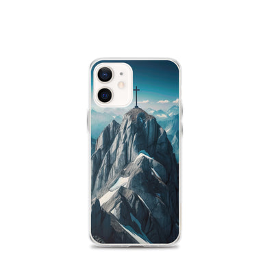 Foto der Alpen mit Gipfelkreuz an einem klaren Tag, schneebedeckte Spitzen vor blauem Himmel - iPhone Schutzhülle (durchsichtig) berge xxx yyy zzz iPhone 12 mini