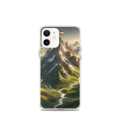 Fotorealistisches Bild der Alpen mit österreichischer Flagge, scharfen Gipfeln und grünen Tälern - iPhone Schutzhülle (durchsichtig) berge xxx yyy zzz iPhone 12 mini