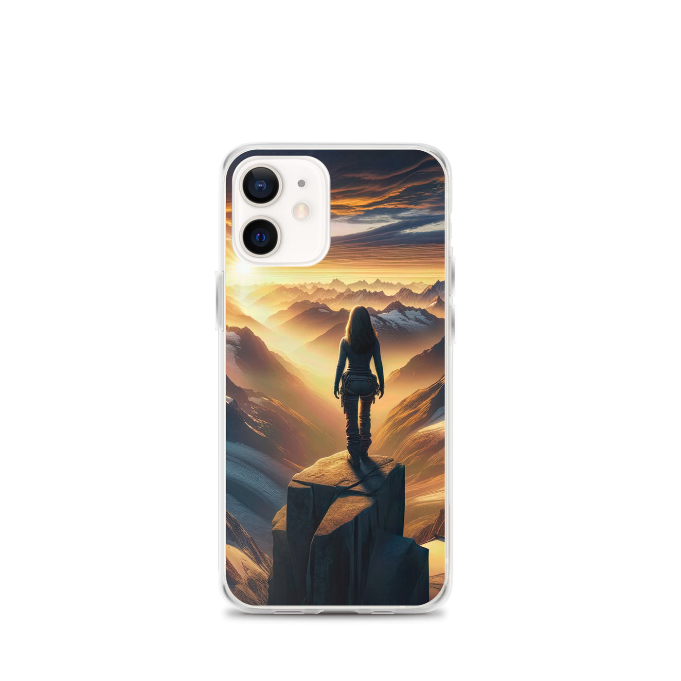 Fotorealistische Darstellung der Alpen bei Sonnenaufgang, Wanderin unter einem gold-purpurnen Himmel - iPhone Schutzhülle (durchsichtig) wandern xxx yyy zzz iPhone 12 mini