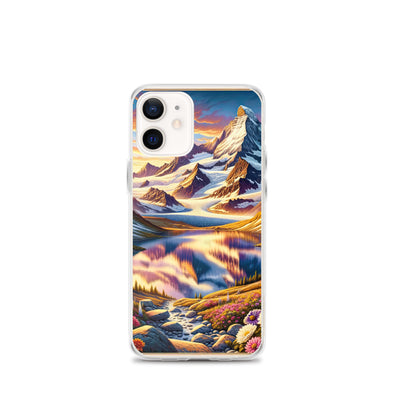 Quadratische Illustration der Alpen mit schneebedeckten Gipfeln und Wildblumen - iPhone Schutzhülle (durchsichtig) berge xxx yyy zzz iPhone 12 mini