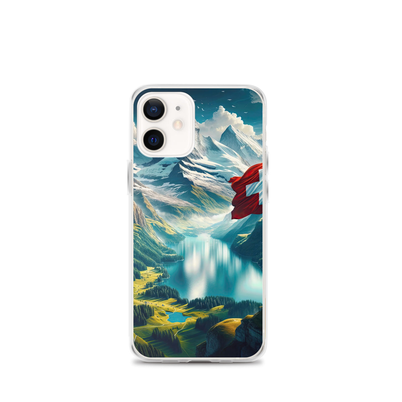Ultraepische, fotorealistische Darstellung der Schweizer Alpenlandschaft mit Schweizer Flagge - iPhone Schutzhülle (durchsichtig) berge xxx yyy zzz iPhone 12 mini