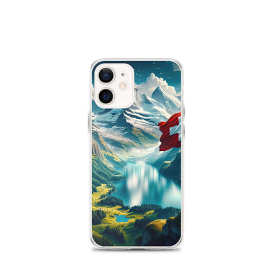 Ultraepische, fotorealistische Darstellung der Schweizer Alpenlandschaft mit Schweizer Flagge - iPhone Schutzhülle (durchsichtig) berge xxx yyy zzz iPhone 12 mini