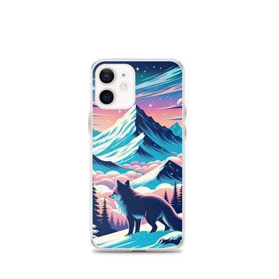 Vektorgrafik eines alpinen Winterwunderlandes mit schneebedeckten Kiefern und einem Fuchs - iPhone Schutzhülle (durchsichtig) camping xxx yyy zzz iPhone 12 mini