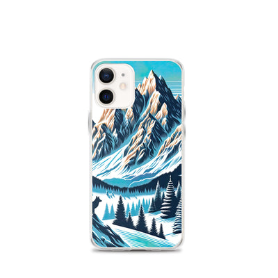 Vektorgrafik eines Wolfes im winterlichen Alpenmorgen, Berge mit Schnee- und Felsmustern - iPhone Schutzhülle (durchsichtig) berge xxx yyy zzz iPhone 12 mini